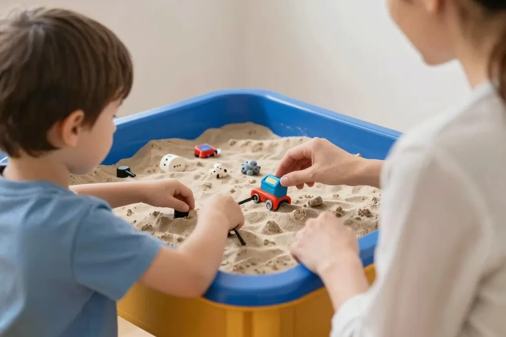 A child playing in a sand tray alongside a therapist