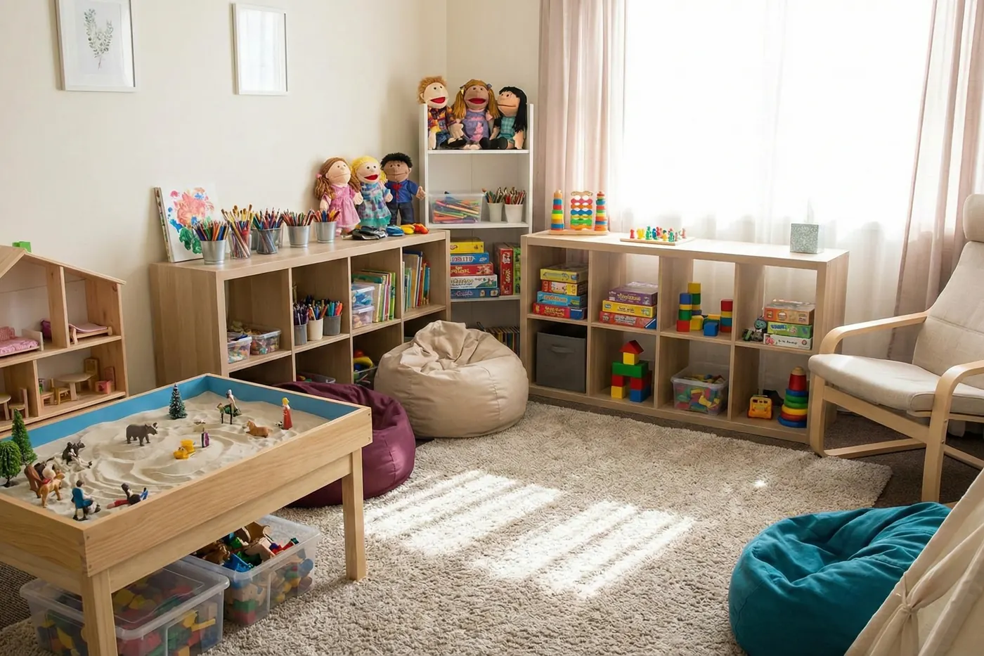 A bright play therapy room with toys, shelves, and soft seating