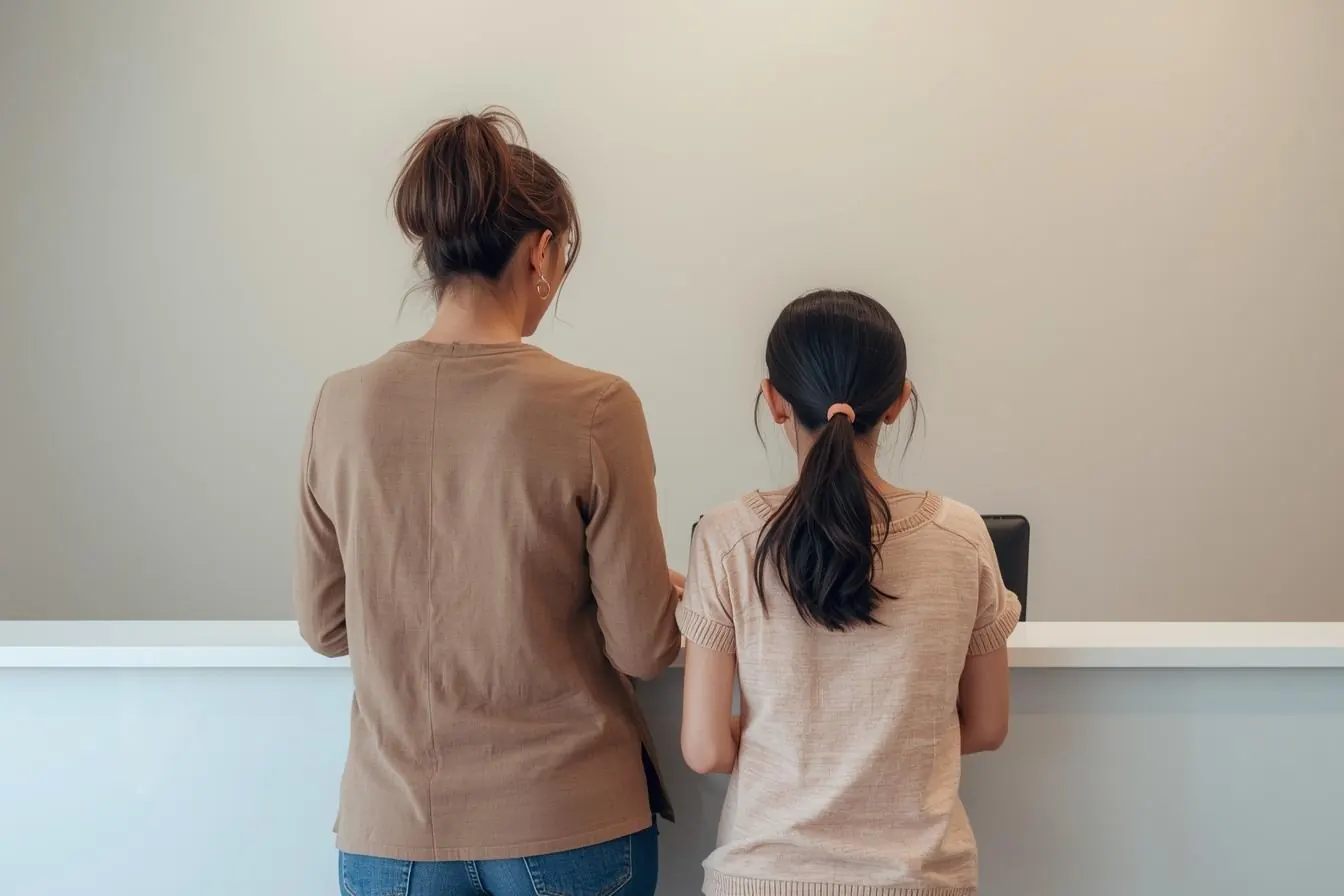 A parent and child arriving together at a reception desk